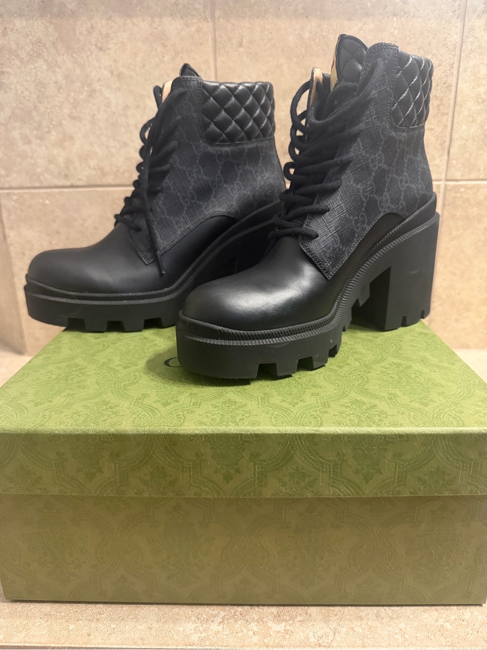 Gucci Black Quilted Lace-Up Platform Ankle Boots -Women's